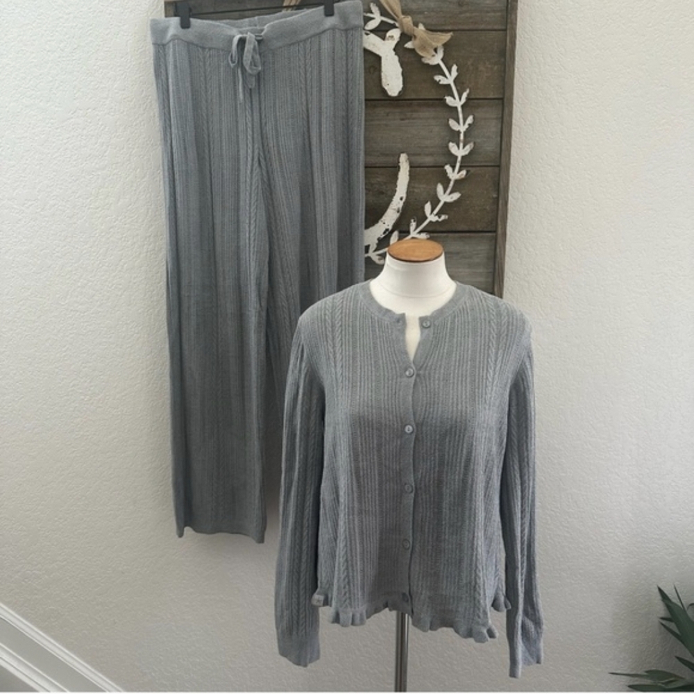 Barefoot Dreams Cable Knit Gray Knit Cardigan and Pants Pajama Set ladies L